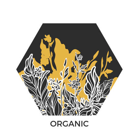 Trendy template. Organic. Coffee branches with leaves, flowers and natural coffee beans. Design. Black and white, gold. Silhouette. Copy space. Vector illustration with icosahedron Eps.10のイラスト素材