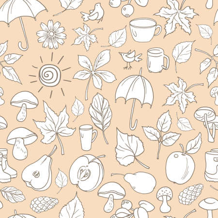 Doodle background of picnic in nature, sport with kid, rest in park, harvest, fruit, drink tea. Sketch nature collection.のイラスト素材