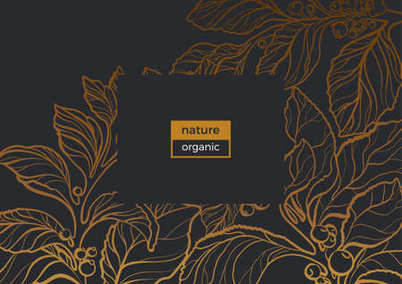 Template of realistic branches with leaves, berry and flowers. Nature botanical illustration in frame. Organic food. Silhouette, art deco style. Sketch. Vector isolated on black background eps.10のイラスト素材
