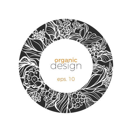 Modern template of design organic food. Symbol nature card of coffee branch with art line leaf, bean and flower. Trendy frame in circle Vector real tropic illustration, invite on white background Logoのイラスト素材