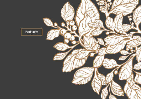 Modern template. Tropic design. Symbol nature card of mate branch with art line leaf, berry and flower. Trendy vector realistic illustration. Organic invite on black background. Floral Copy spaceのイラスト素材