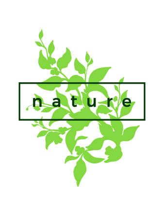 Trendy vector silhouette of tea bush with flower, leaf. Botanical realistic drawing. Shape art design. Realistic nature green floral illustration in frame on white background Organic drink Text spaceのイラスト素材