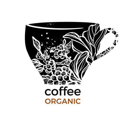 Vector template with black shape of cup and coffee branch, beans, leaves, flowers on white background. Symbol realistic nature design. Floral art line logo. Trendy symbol design Organic sticker Textのイラスト素材