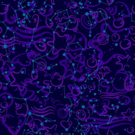 Trendy seamless pattern of doodle sea shells, sketch style, vector art illustration. Marine collection. Abstract underwater sea world on dark background. Constellation and star. Night sky in spaceのイラスト素材