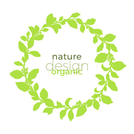 Vector floral wreath of mate branches. Template in circle. Realistic botanical drawing leaves, berry and flowers. Organic silhouette food. Art shape design natural motifs for round green eco symbolのイラスト素材