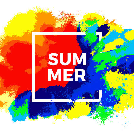 Trendy vector color template. Art draw invitation with frame, paint cloud and sample text. Colorful abstract illustration powder explosion on white background. Fun summer time. Modern abstract designのイラスト素材