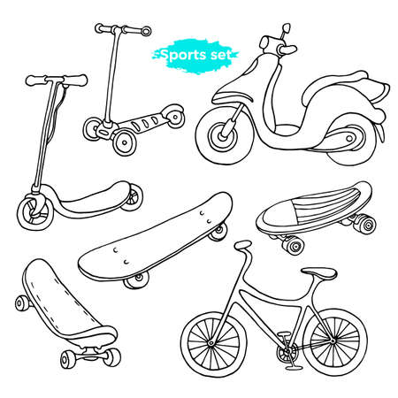 Vector line art set. Doodle sports sketch. Cartoon group of icon. Vintage black illustration isolated on white background Scooter, skate, bike Summer holiday element Real dynamic life for good healthのイラスト素材