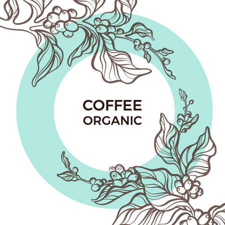 Trendy botanical template Design organic food. Symbol nature card of coffee branch with art line leaf, bean, flower, grain Floral frame in circle Vector natural tropical illustration Exotical printのイラスト素材