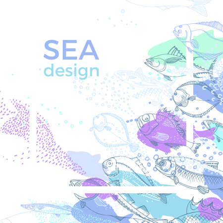 Vector template of nature seafish. Doodle art line abstract design. Color marine illustration with white geometric frame. Sketch, art line background Perch, cod, mackerel, flounder, saira Organic foodのイラスト素材