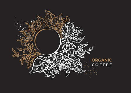 Vector nature floral template, elegant banner. Golden coffee branch, leaves flower, natural bean on black background. Organic herb plant Art deco design Luxury night garden, round cup with aroma drinkのイラスト素材