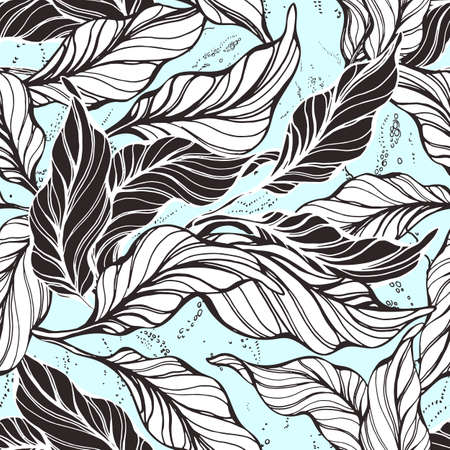 Tropical seamless pattern. Cocoa nature leaves. Hand drawn black art line sketch Foliage floral background. Vintage texture wallpaper Wild summer jungle Graphic design, abstract textile, fashion printのイラスト素材