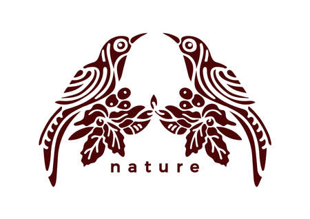 Vector vintage emblem Tropical birds and plants in ornate symbol Hand drawn illustration, simple print, floral decor for invit, greeting card, decorative icon. Antigue sign, design on white backgroundのイラスト素材