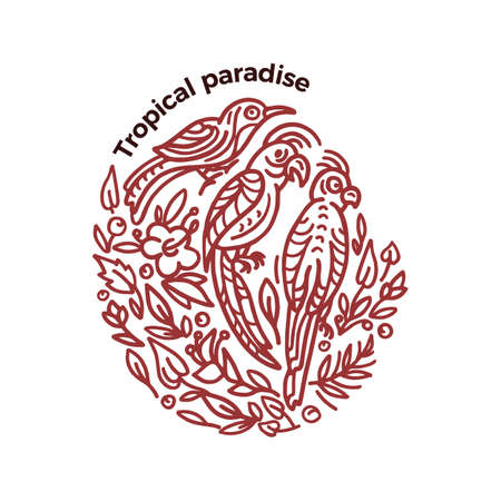 Vector vintage emblem Tropical birds and plants in ornate symbol Hand drawn graphic illustration in circle, round print Art line doodle frame for greeting card, decorative doodle icon, cartoon textileのイラスト素材