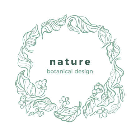Vector design of leaves in circle. Green branch and tropical coffee grain in wreath. Symbol of fresh natural product. Stamp for organic food Art sketch Hand drawn simple sketch Bio label, ecology signのイラスト素材