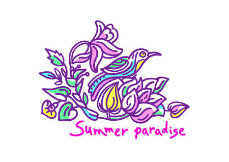 Vector color nature design. Tropical summer paradise Exotic bird and flower, leaves Art sticker Hand drawn cartoon card Funny badge, beautiful decor, floral stamp Retro label on white backgroundのイラスト素材