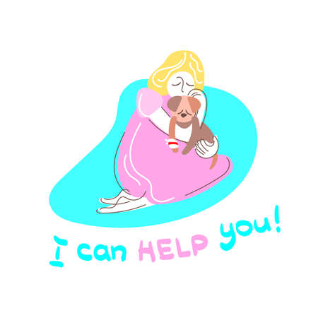 Vector color illustration. Little girl hugging dog Lettering I can help you Caring for homeless animal Disease and treatment Parenting Sympathy and understanding Figure for print on a white backgroundのイラスト素材