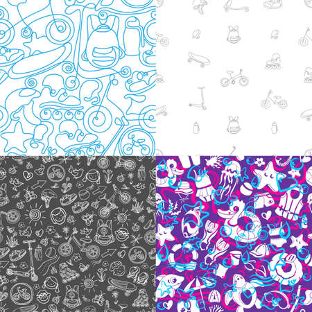 Vector set of seamless pattern. Summer elements for children's sport, swimming. Art sketch design, print. Doodle shape, wave, texture. Summer children's holiday. Travel, marine style, color backgroundのイラスト素材
