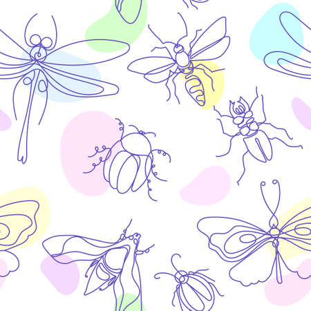 Insect. Elegant bee, bug, moth, butterfly. Vector color seamless pattern on white background. Line art sketch. Simple nice background. Hand drawn graphic print Animal nature setのイラスト素材