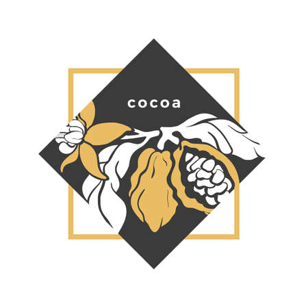 Cocoa logo. Symbol of chocolate tree, branch, leaves, bean, grain. Organic sweet, bio drink, vegan fruit, bio food Shape nature emblem Golden illustration for card, cover, packing, print, stampのイラスト素材