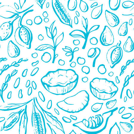 Vegan nature milk. Vector seamless pattern. Natural soy, coconut, pumpkin, almond, sesame, rice. Hand drawn print. Sketch background. Healthy diet. Organic bio food. Vintage wallpapperのイラスト素材