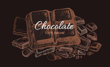 Chocolate. Vector vintage template on black background. Art hand drawn sketch, natural cacao food. Graphic illustration. Organic candy, hot sweet drink, milk choco in cafeのイラスト素材