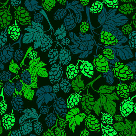 Hop corn. Vector seamless pattern. Organic malt natural beer. Hand drawn green branch, silhouette of leaves on black background. Vintage print, color wallpaper, botanical illustrationのイラスト素材
