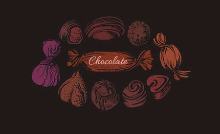Choco candy in circle. Vector color old template on black background. Art shape, sugar sweet food. Graphic illustration for cafe, cooking classのイラスト素材