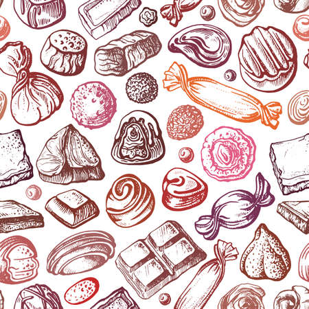 Chocolate candy. Vector seamless pattern on white background. Hand drawn sketch, dessert sweet food. Vintage graphic illustration. Wallpaper for cafe, holiday printのイラスト素材