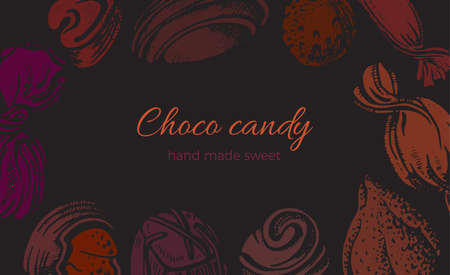 Chocolate candy. Vector color old template on black background. Art hand drawn frame, border Sugar sweet food. Graphic illustration for cafe, cooking classのイラスト素材