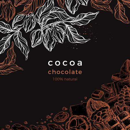 Chocolate template. Vector graphic frame. Nature illustration on black background. Cacao tree, branch, bean, raw fruit. Elegant card, vintage package. Art line design. Hand drawn style のイラスト素材