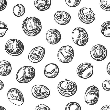 Shea nut seamless pattern. Vector hand drawind illustration in vintage style. Karite natural food, organic cosmetic. Ink engraving sketch on white background. Texture graphic printのイラスト素材
