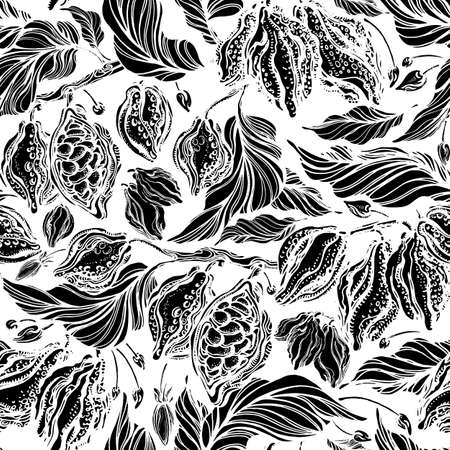 Engraving seamless pattern. Vector cocoa tree, bean, tropical leaf, old forest, plantation. Art graphic monochrome hand drawn print. Chocolate vintage texture backgroundのイラスト素材