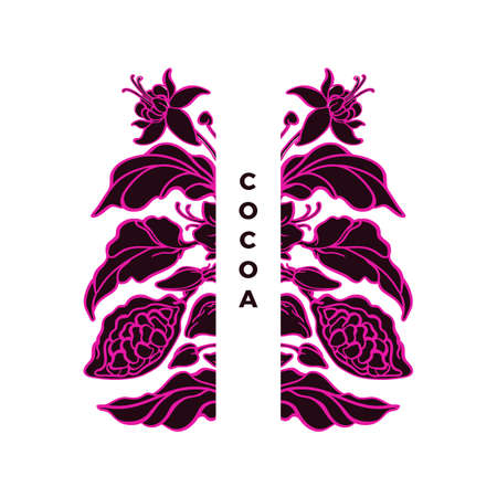 Cacao exotic symbol. Chocolate pod, silhouette of bean, leaves. Vector graphic illustration. Organic sweet food. Elegant label, luxury pattern. Art line design. Hand drawn styleのイラスト素材