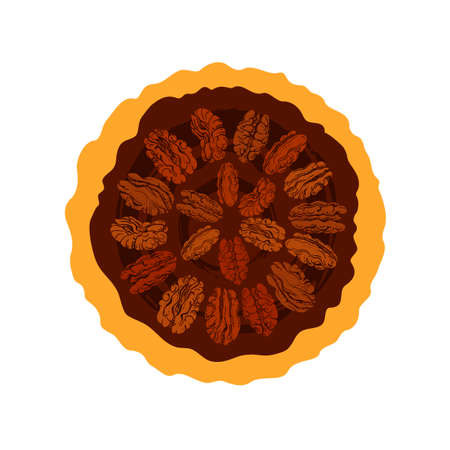 Pecan pie, texture nuts. Word day. Vector round sweet cake in cartoon style isolated on white background. Traditional apple food. Top viewのイラスト素材