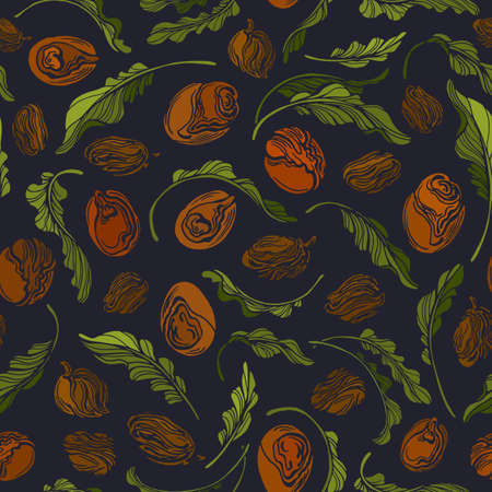 Shea nut seamless pattern. Vintage engraving on black background. Vector green leaves, raw grain. Botanical color illustration in retro style. Texture graphic printのイラスト素材
