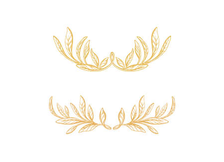 Set of vintage golden crown. Hand drawn border, texture olive foliage. Vector various wreath isolated on white background. Nature symbolのイラスト素材