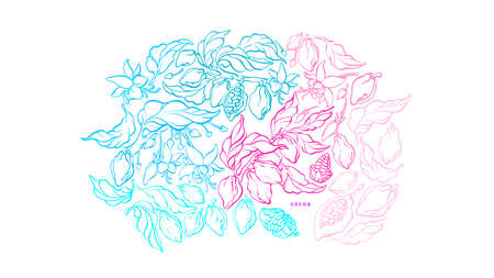 Cocoa paradise background. Hand drawn vector paint illustration. Vintage graphic art sketch. Natural organic chocolate. Summer floraのイラスト素材