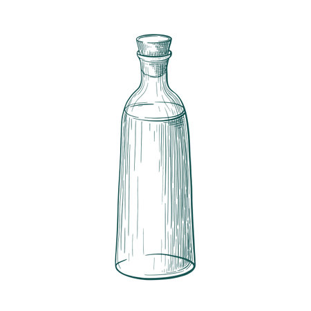 Glass bottle. Essential, liquid under plug. Vector sketch, hand drawn silhouette. Organic oil. Engraving illustration in vintage style. Object isolatedのイラスト素材