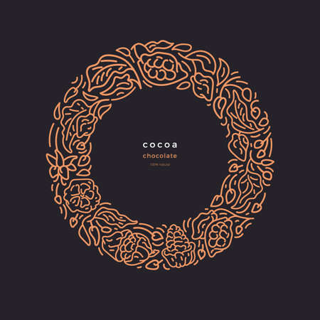 Cocoa border. Art line abstract circle. Dark chocolate. Vector texture branch, golden leaves, flower. Graphic illustration on dark background. Arab patternのイラスト素材