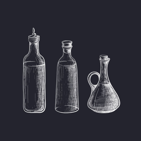 Glass bottle. Vector hand drawn set. Essential, liquid under plug. Organic oil. Engraving illustration in vintage styleのイラスト素材