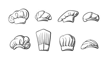 Chef, cook hats set. vector symbol. Different black outline sketch isolated on white background. professional uniform, headwearのイラスト素材