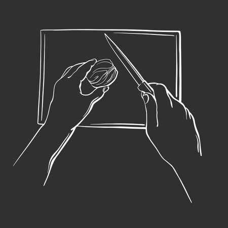 Human hand and knife, onion. Vector white chalk on black board. Graphic hand drawn sketch. top view. Cook and process cutのイラスト素材