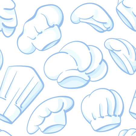 Chef hat pattern. Vector white cook caps background. Graphic illustration. Restaurant cafe uniform of kitchen staffのイラスト素材