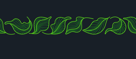 Tea leaves, art border. Graphic line seamless print, green foliage on black background. artdeco nature patternのイラスト素材