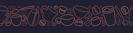Coffee line pattern. Espresso cups, cappuccino and roasted beans. Vector abstract border for cafe menu, shopのイラスト素材