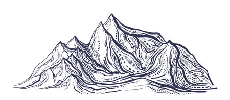 Mountain peaks, sketch. Vector illustration in engraving style. Hand drawn texture landscape. Extreme sport, hiking, rock climbingのイラスト素材