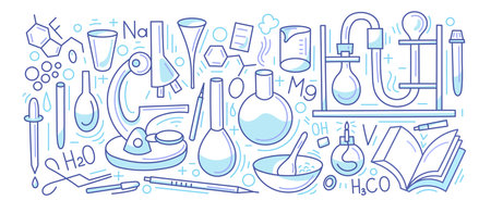 Chemistry symbols set. Vector doodle line elements isolated on white background. Education and study signs for web banners, printed materialsのイラスト素材