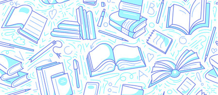 Open books pattern. Graphic line doodle print on white background. Library, lesson at school, lecture at universityのイラスト素材