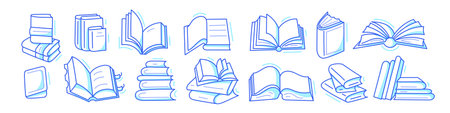 Book icon collection. Line graphic set isolated on white background. Editable stroke. Library, lesson at school, lecture for reading and studyのイラスト素材