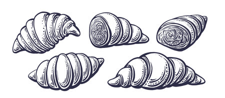 Fresh baked croissant. Hand drawn vector set. Breakfast sketch. Isolated bun illustration for design menu cafe, bistro, bakery productのイラスト素材